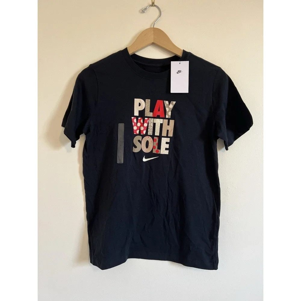 Nike Kids Graphic TShirt XL Black Play w/ Sole Short Sleeve 100 % Cotton Stretch